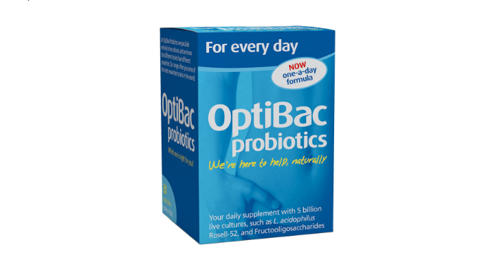 Blue and white OptiBac probiotics box with text highlighting daily use and 5 billion live cultures.