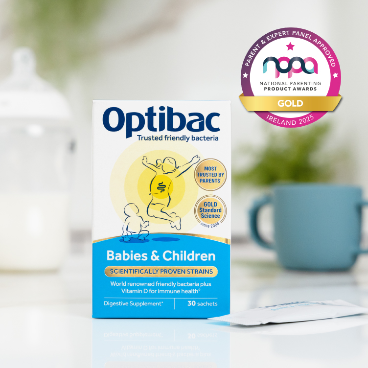 Box of Optibac probiotics for babies and children on a table, with a gold award badge for National Parenting Product Awards 2023.
