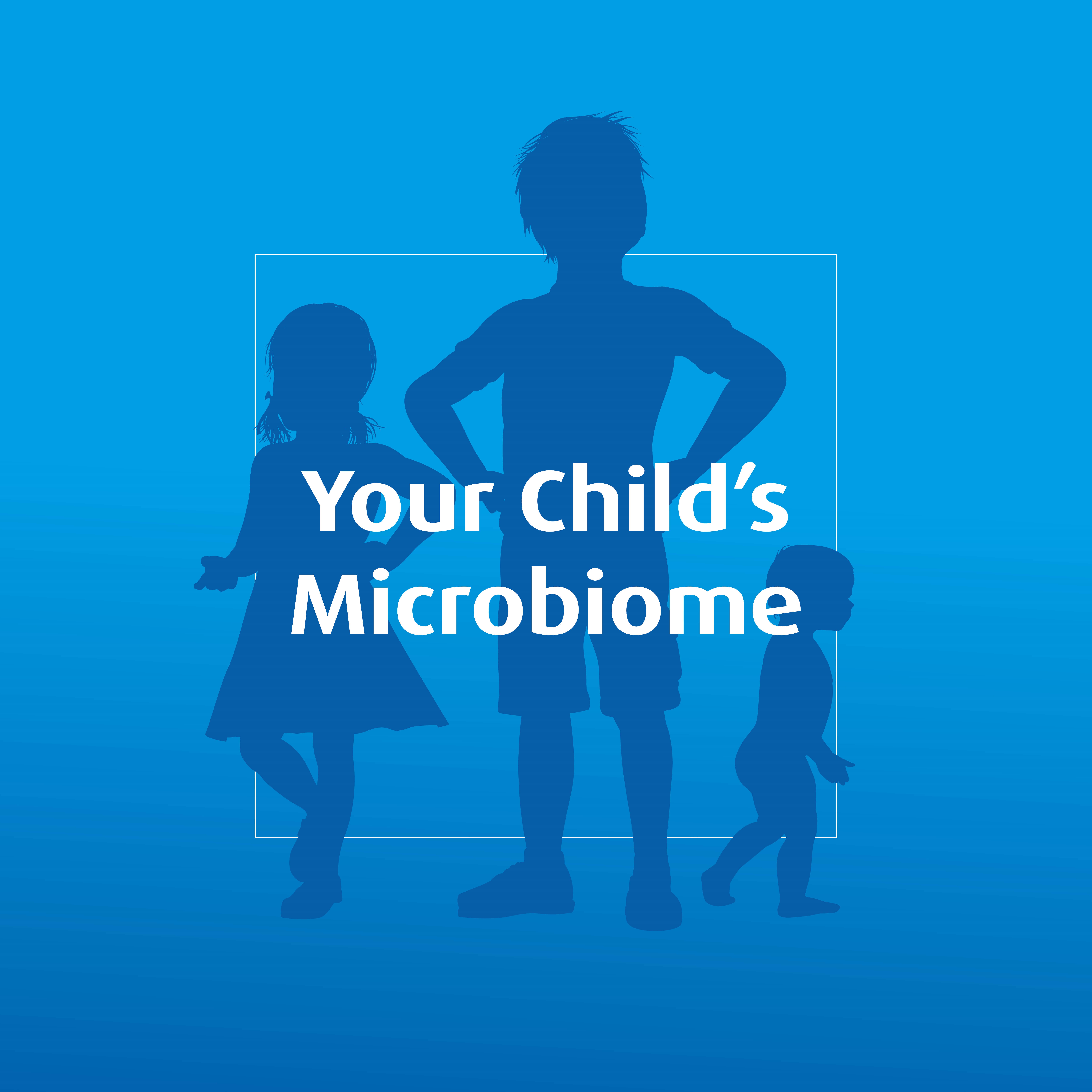 Silhouettes of three children on a blue background with the text "Your Child’s Microbiome."