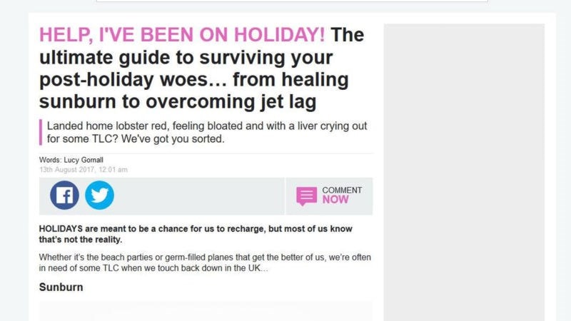 Webpage about post-holiday recovery tips, including healing sunburn and overcoming jet lag, with a colorful header and text sections.