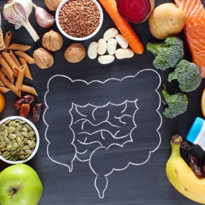 A chalk drawing of intestines on a blackboard, surrounded by healthy foods like fruits, vegetables, nuts, and grains.