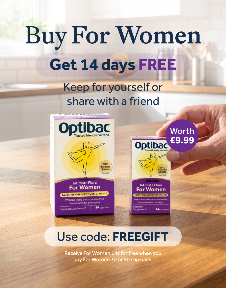 Advertisement for Optibac Intimate Flora for Women, offering 14 free capsules with purchase. Includes promo code "FREEGIFT" and worth £9.99 label.