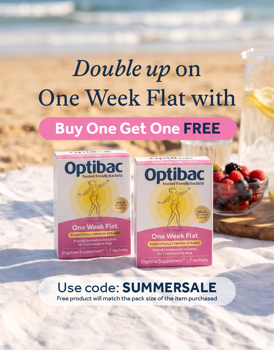 Optibac probiotic boxes on a beach towel with a Buy One Get One Free offer. Use code SUMMERSALE. Background includes lemonade and berries.