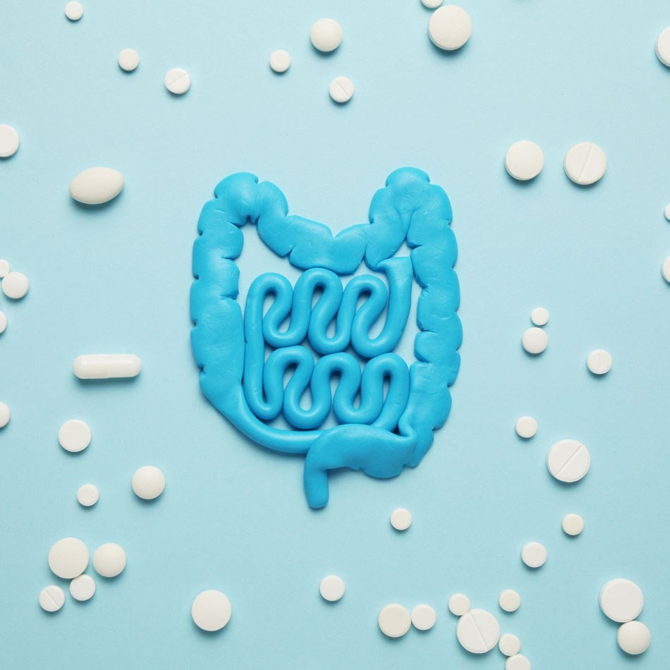 Blue clay intestines on a light blue background, surrounded by scattered white pills of various shapes and sizes.