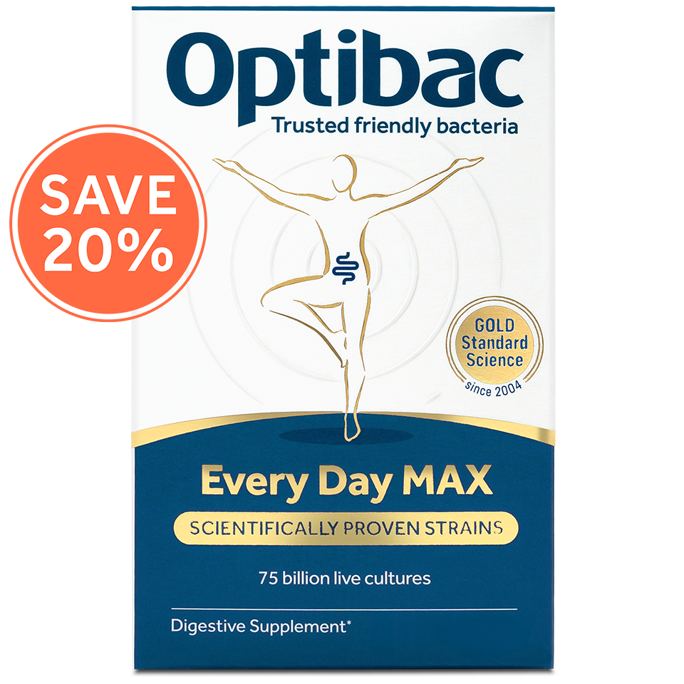 Optibac Every Day MAX box with 75 billion live cultures, gold standard science seal, and a "Save 20%" badge.