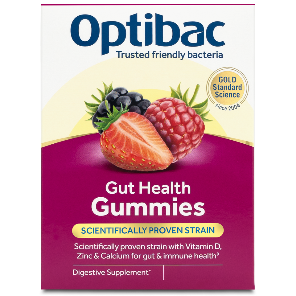 Optibac Gut Health Gummies package featuring strawberries and raspberries, highlighting Vitamin D, Zinc, and Calcium for digestive health.