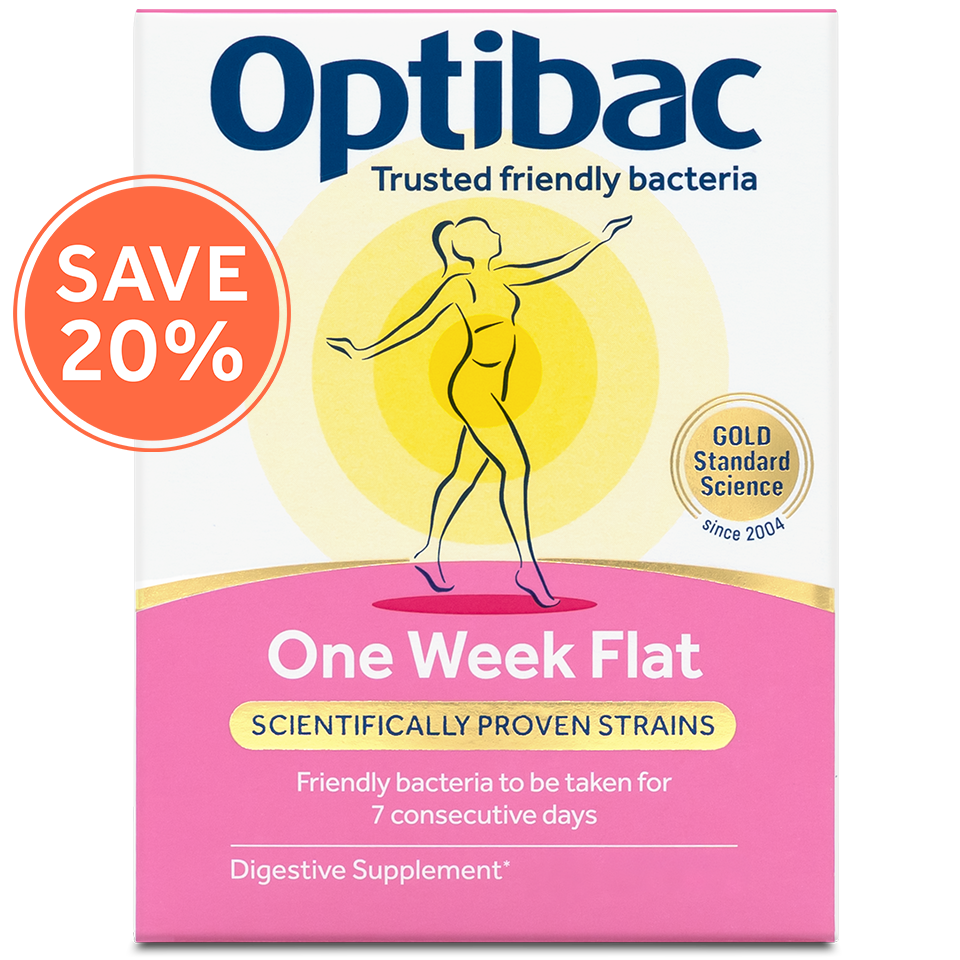 Optibac One Week Flat digestive supplement packaging with "Save 20%" label, promoting friendly bacteria in 7 days.