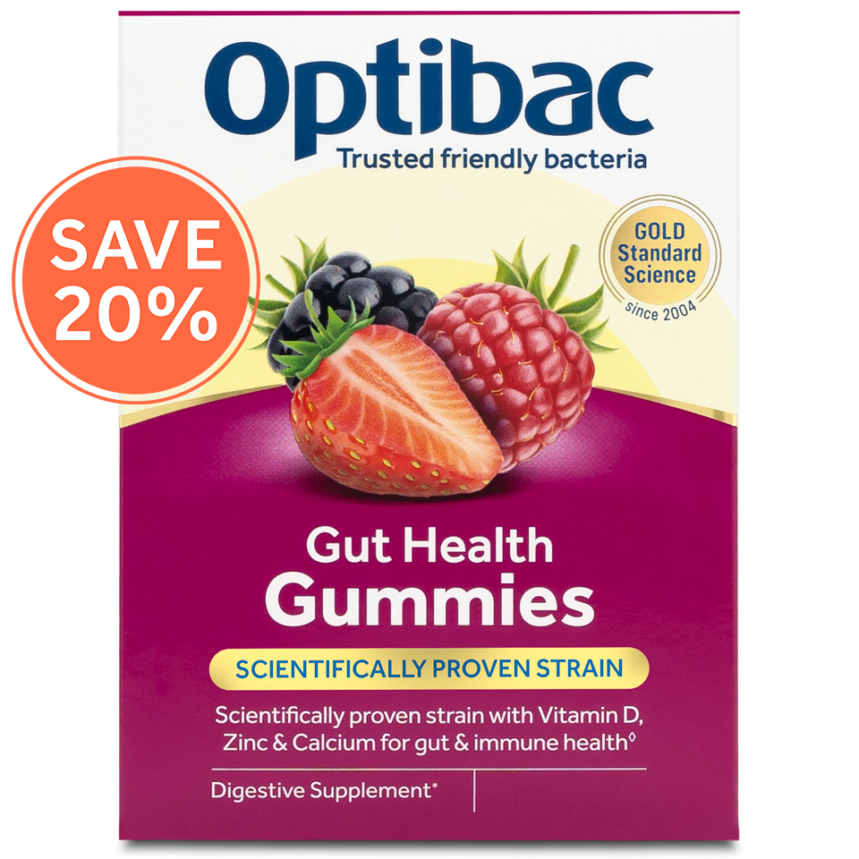 Optibac Gut Health Gummies package with a "Save 20%" sticker, featuring berries and a description of scientifically proven ingredients for gut health.