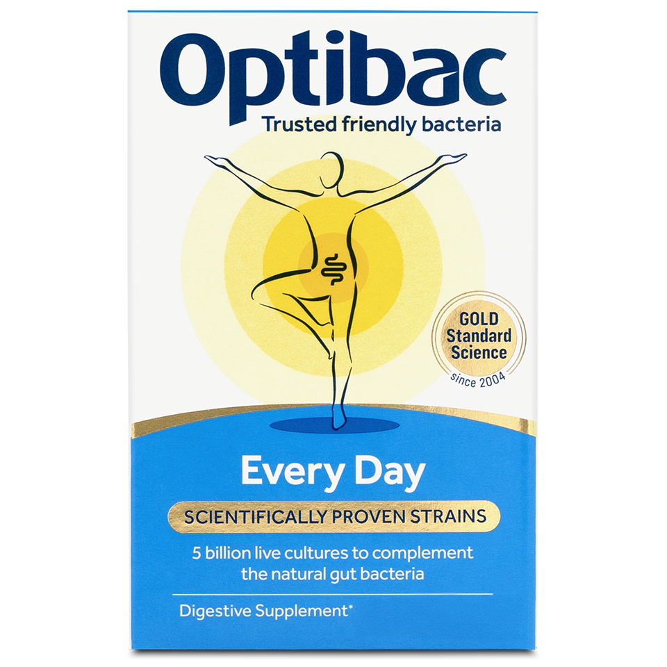 Optibac Every Day box with a person in a yoga pose, highlighting gut health benefits. Contains 5 billion live cultures.
