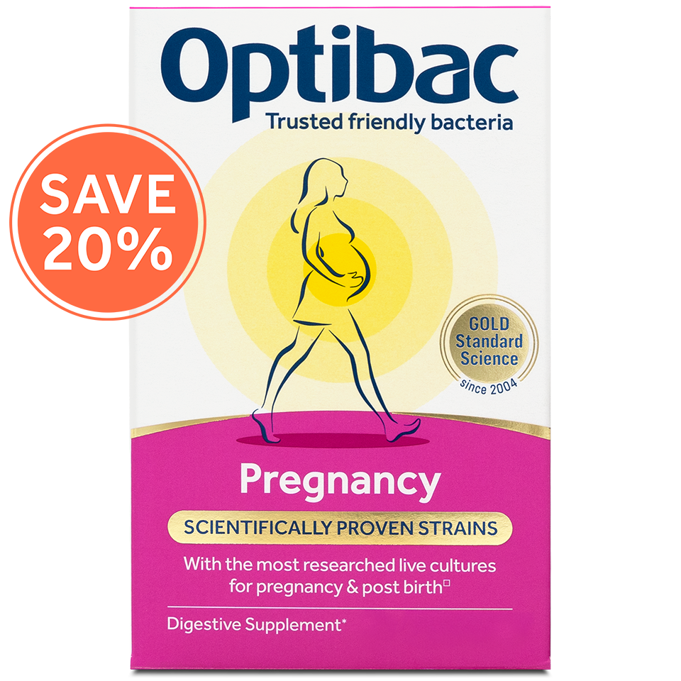 Optibac Pregnancy supplement packaging with a silhouette of a pregnant woman, a "Save 20%" badge, and text highlighting scientifically proven strains.