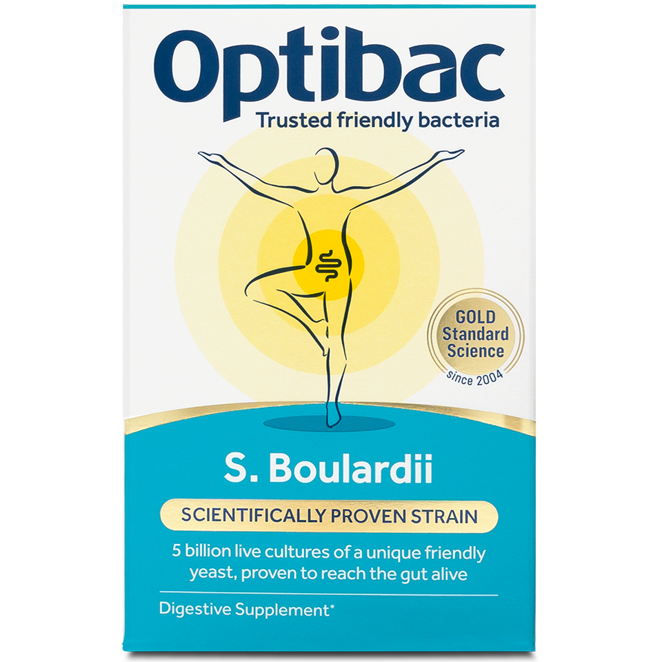 Optibac Saccharomyces Boulardii box, plus two capsules.