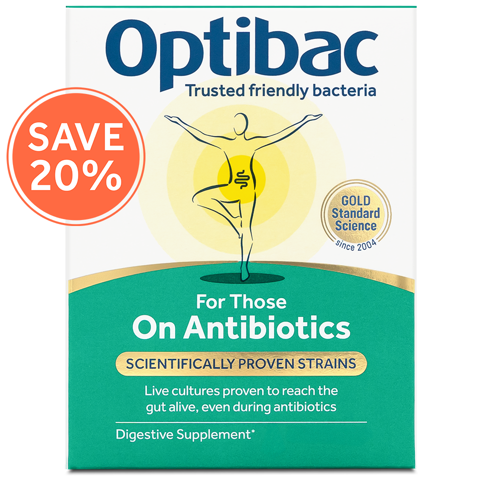 Optibac probiotics packaging for those on antibiotics, offers 20% savings. Features a balance diagram and gold standard science seal.