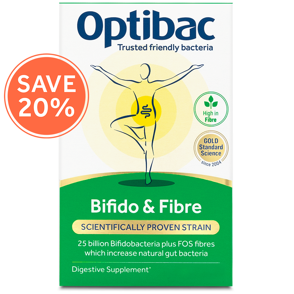 Optibac Bifido & Fibre package with "Save 20%" label, promoting gut bacteria support. High in fibre, scientifically proven.