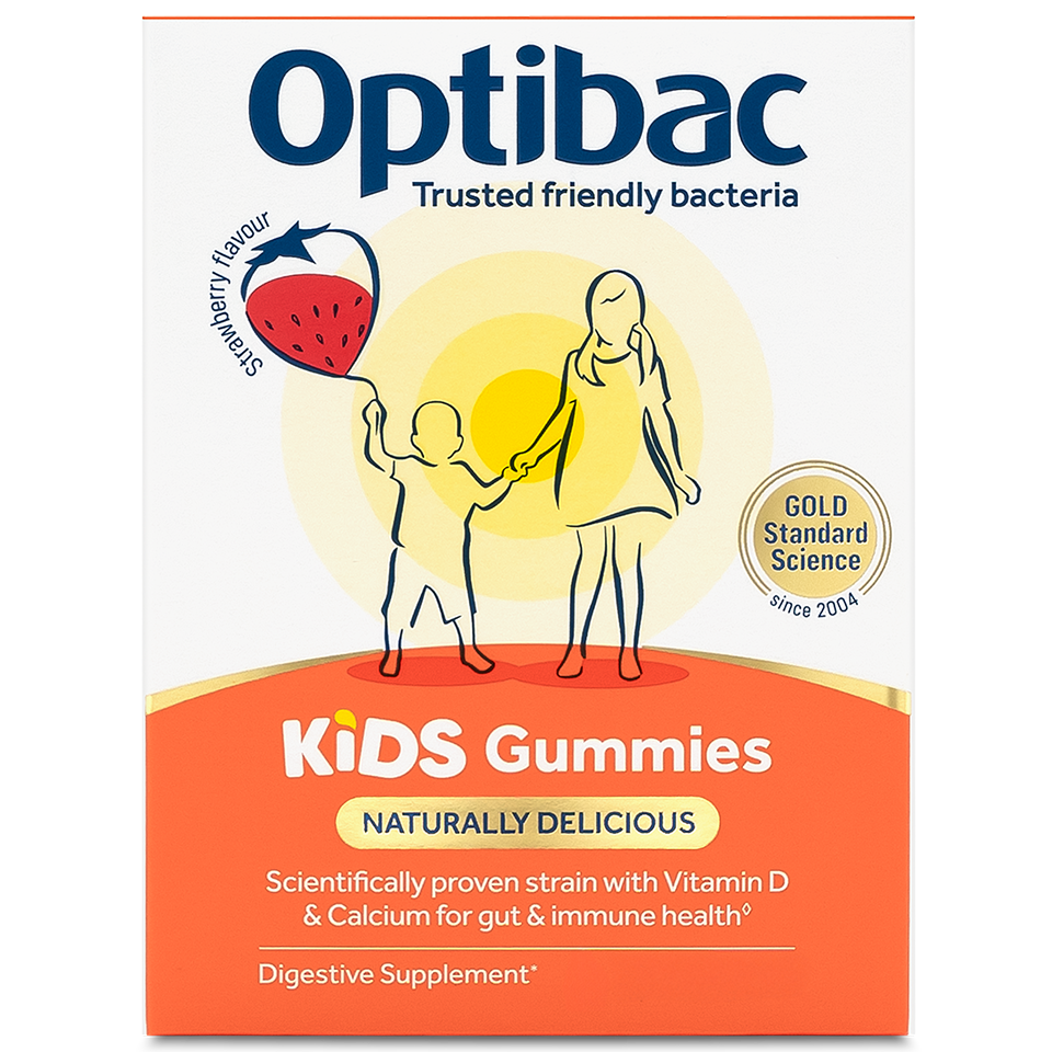 Optibac Kids Gummies box featuring a parent and child silhouette, strawberry flavor, with Vitamin D and Calcium for gut and immune health.