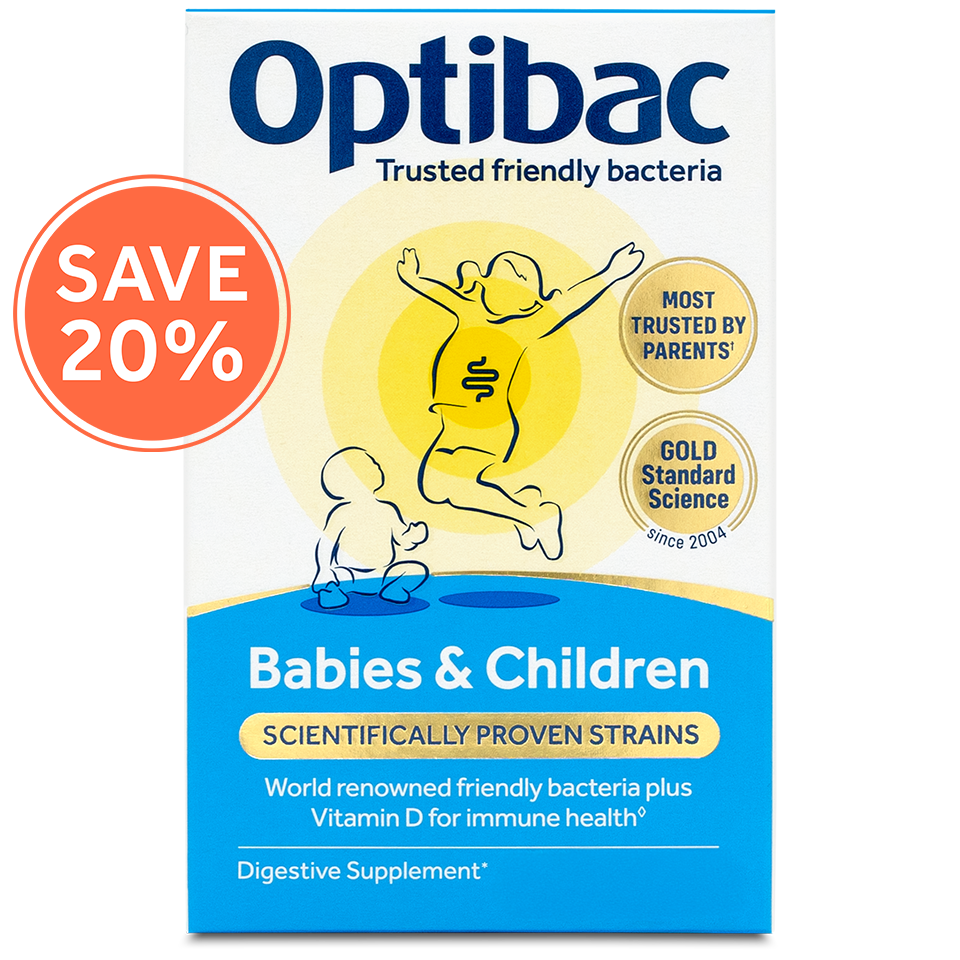 Optibac Babies & Children probiotic packaging, featuring jumping children illustration, "Save 20%" badge, and text about friendly bacteria and Vitamin D.