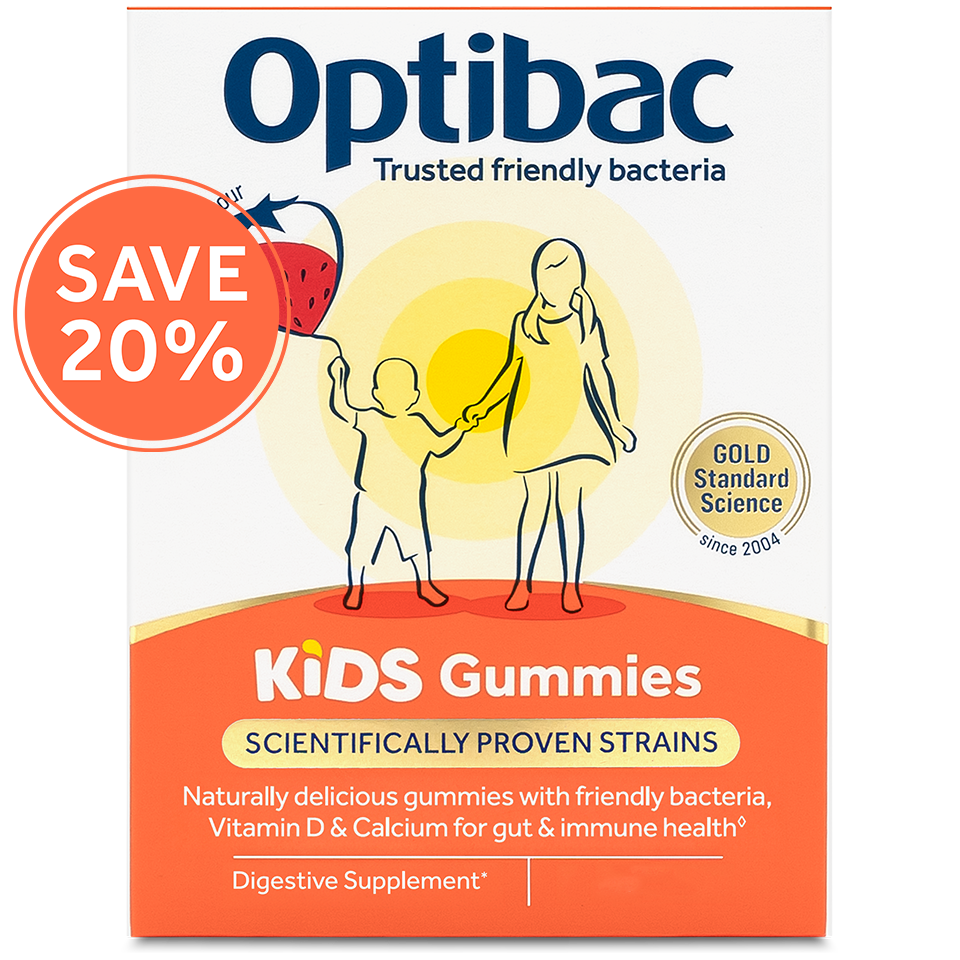 Optibac Kids Gummies packaging with a "Save 20%" sticker, promoting probiotics with Vitamin D and Calcium for gut and immune health.
