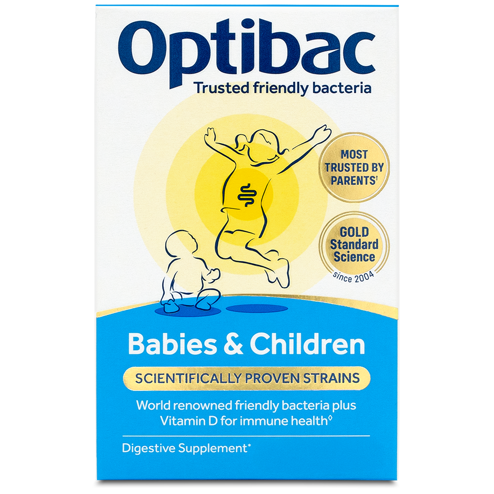 Optibac box for Babies & Children, featuring friendly bacteria and Vitamin D for immune health. Includes child illustrations and trust badges.