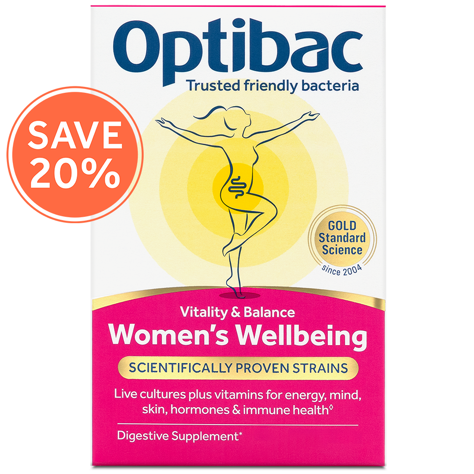 Optibac Women's Wellbeing supplement box featuring a yoga pose illustration and "Save 20%" sticker. Promotes energy, mind, skin, and immune health.