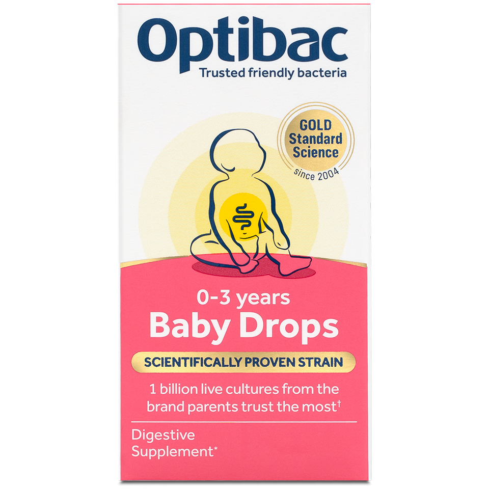 Optibac Baby Drops packaging for 0-3 years, featuring digestive supplement details and gold standard science seal.