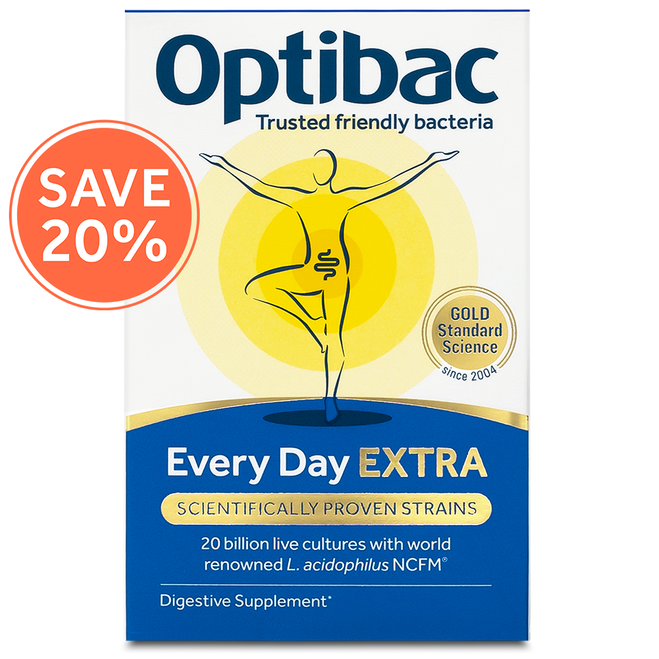 Optibac Every Day Extra supplement box with a yoga pose graphic, 20% off label, and gold standard science stamp.