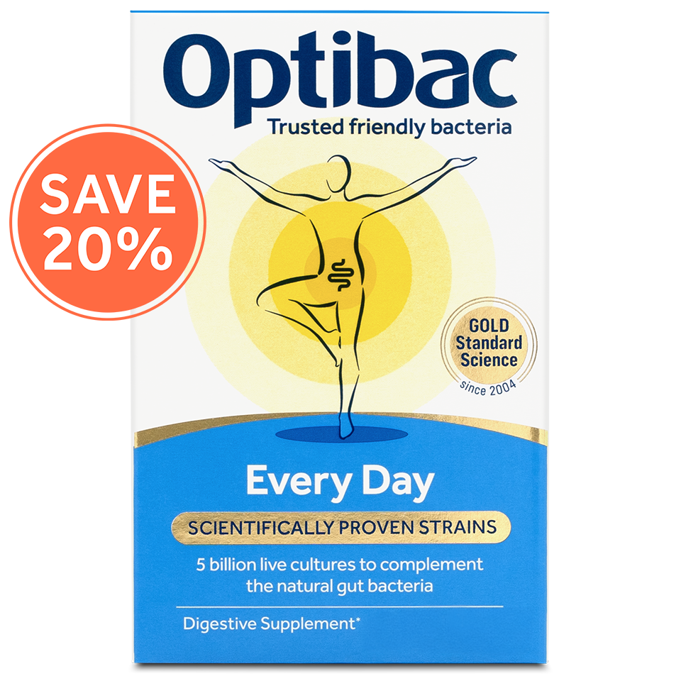Optibac Every Day probiotic box, featuring a yoga pose illustration, "Save 20%" badge, and claims of scientifically proven strains for gut health.