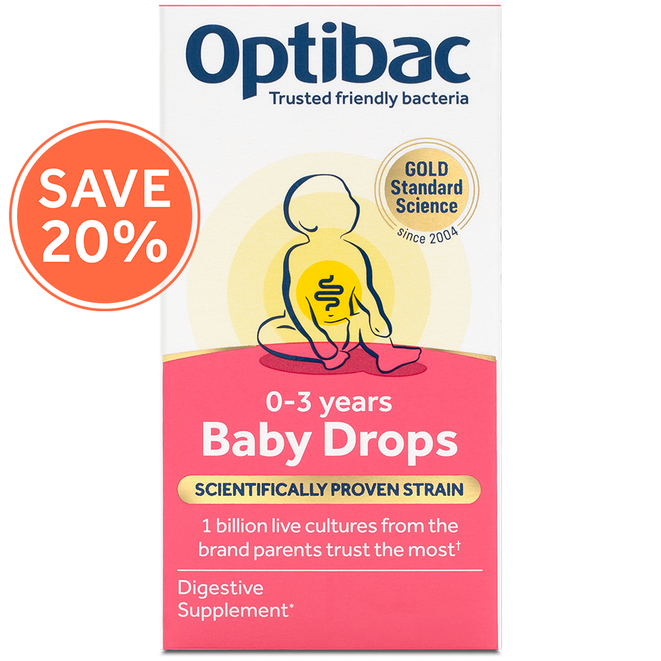 Packaging of Optibac Baby Drops for 0-3 years, highlighting a 20% discount. Promises 1 billion live cultures and is a digestive supplement.