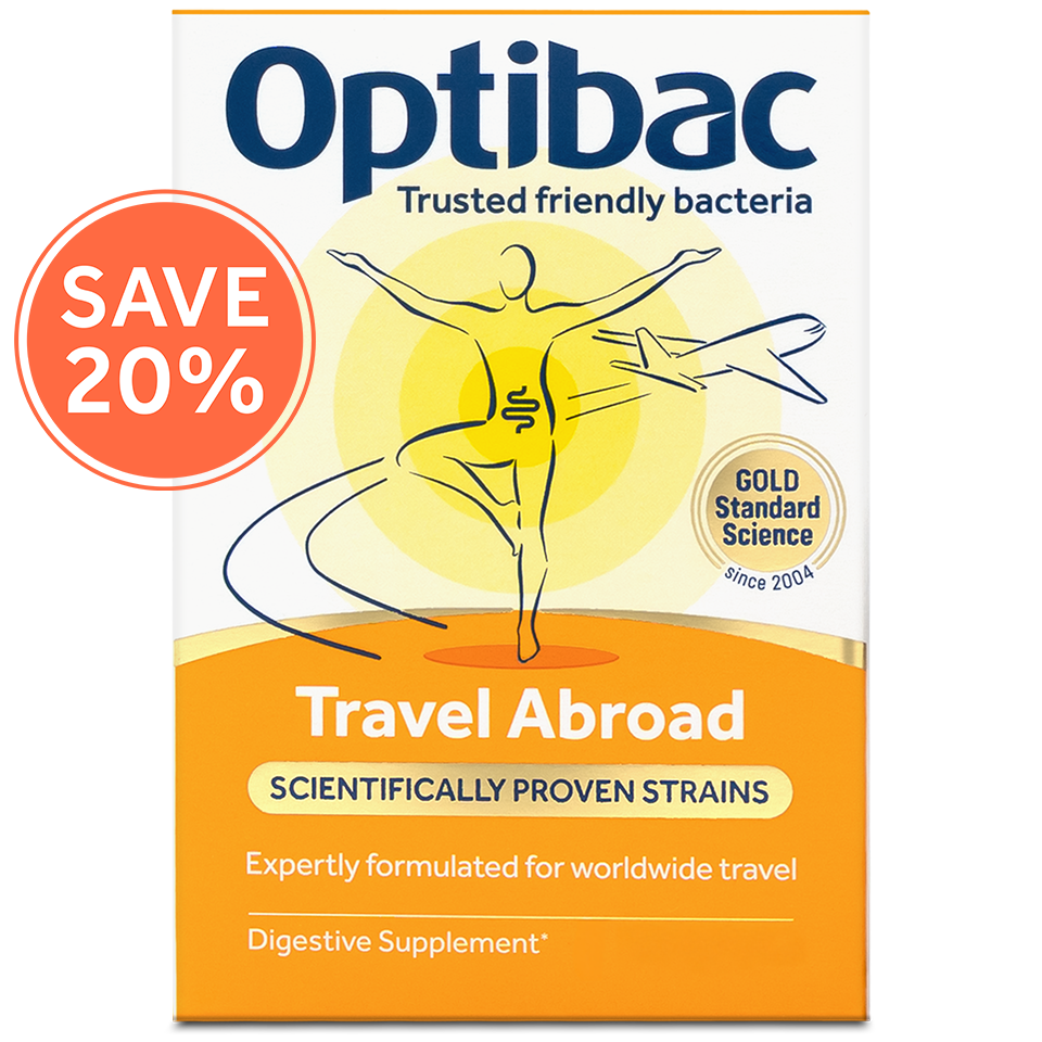 Optibac Travel Abroad probiotic box with "Save 20%" label, featuring stylized figure and airplane, promoting digestion support for travel.