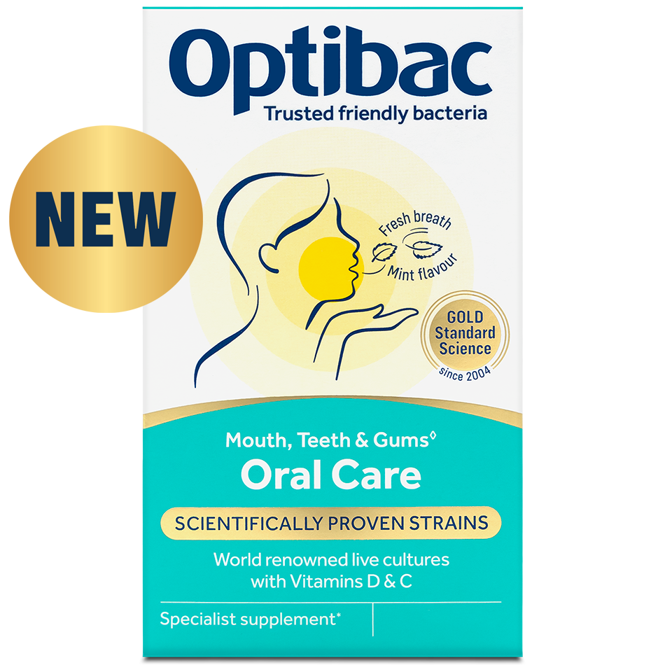 Optibac Oral Care supplement box featuring scientifically proven strains, fresh breath mint flavor, and vitamins D and C. New product label.