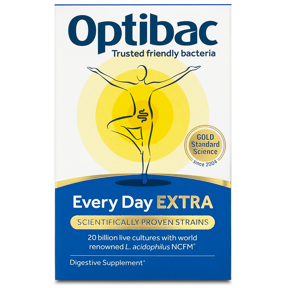 Optibac Every Day EXTRA box with a yoga pose illustration, highlighting 20 billion live cultures and scientifically proven strains.