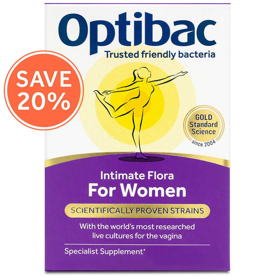 Optibac Intimate Flora for Women supplement box, featuring a save 20% label and gold standard science badge.