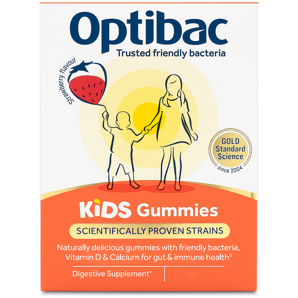Optibac Kids Gummies box with a child and adult holding hands, strawberry flavor, highlighting digestive health benefits with friendly bacteria.