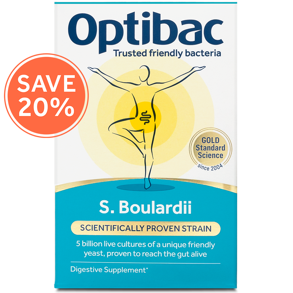 Optibac S. Boulardii digestive supplement box with "Save 20%" label and illustration of a person with a yellow gut symbol.