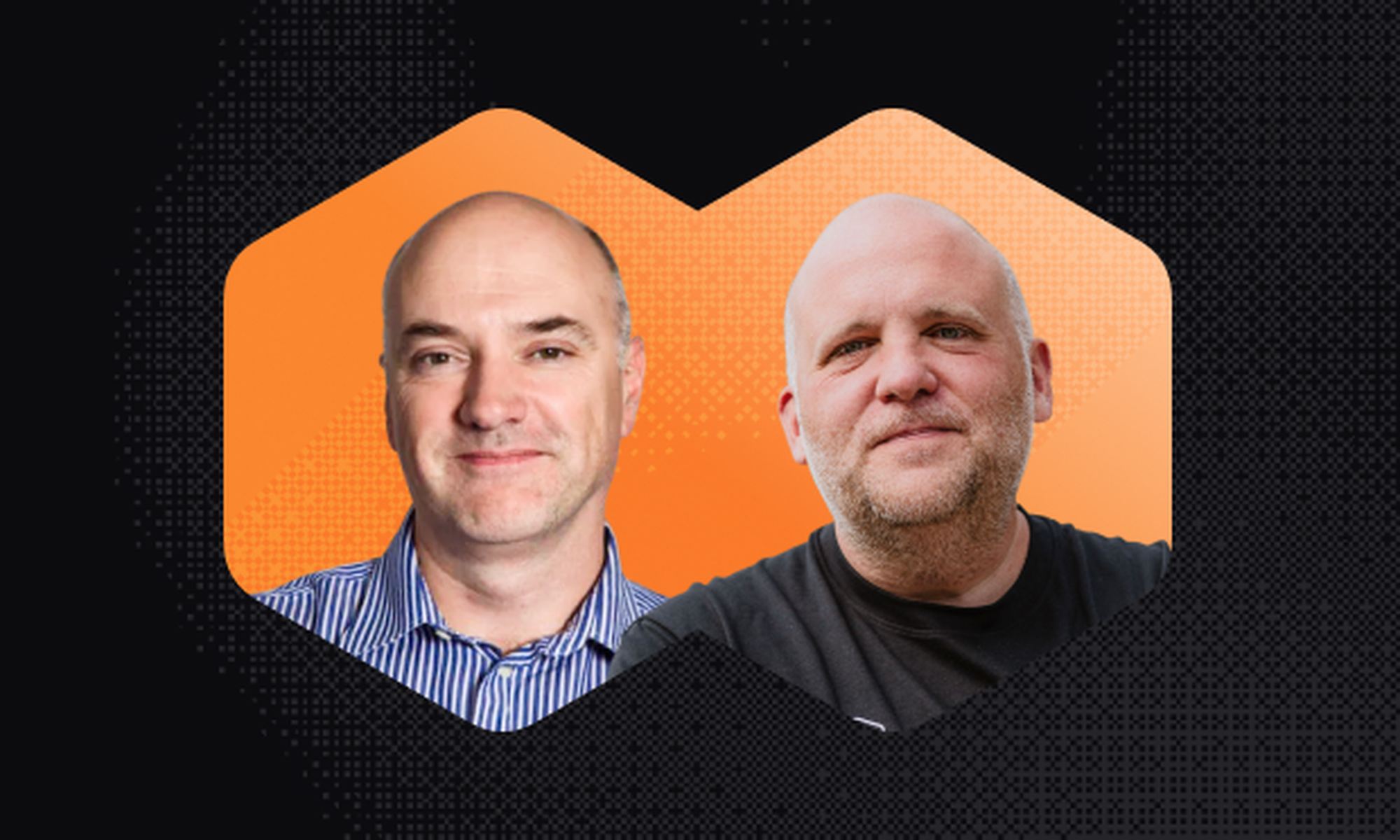 Two men are shown in a split-frame portrait against an orange and black background, both smiling slightly.