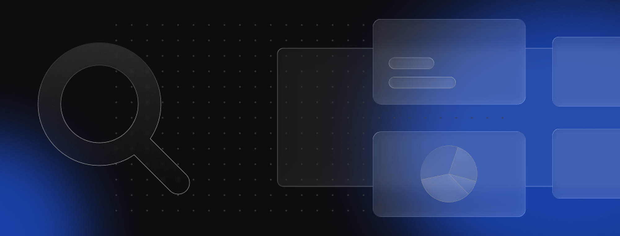 Abstract image with a gradient blue and black background, featuring a large magnifying glass icon and overlapping translucent charts.
