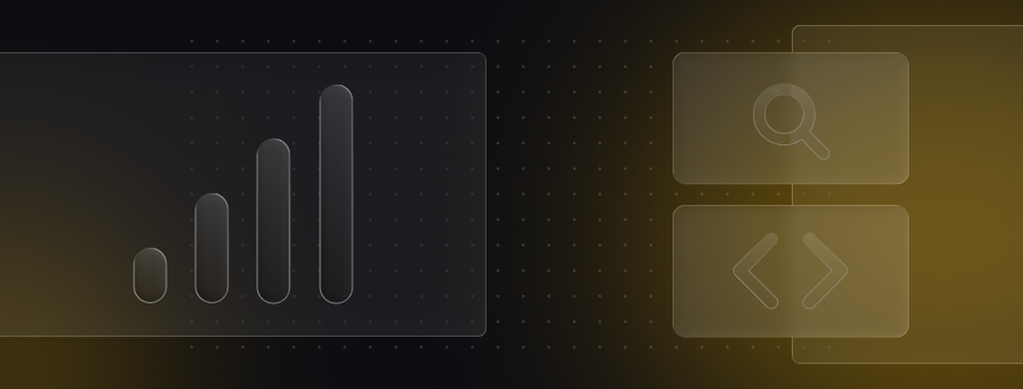 Abstract design with stylized bar chart, magnifying glass, and code brackets on a dark gradient background with dotted pattern.