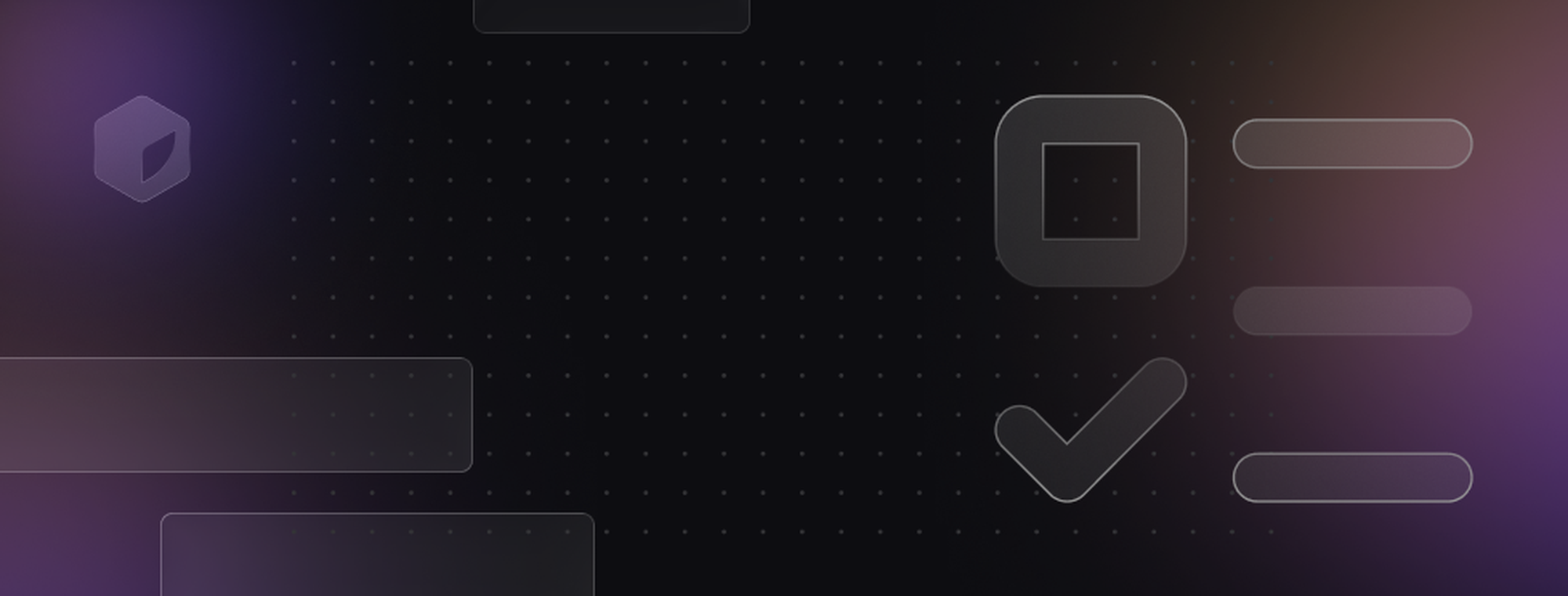 Abstract digital background with a grid pattern, geometric shapes, and icons of a square and a checkmark against a gradient of dark colors.