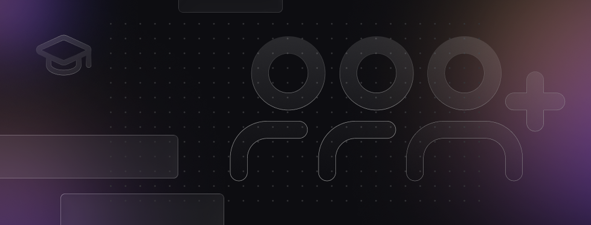 Abstract design with outlines of three people, a graduation cap icon, and a plus sign on a dark, gradient background.