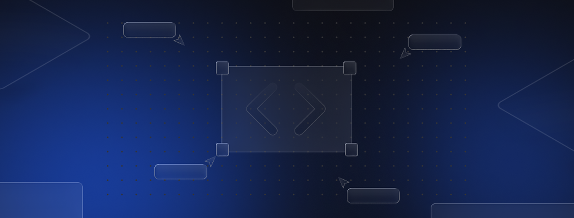 Abstract digital design with code symbols in center, surrounded by geometric shapes and dotted pattern on a dark blue background.