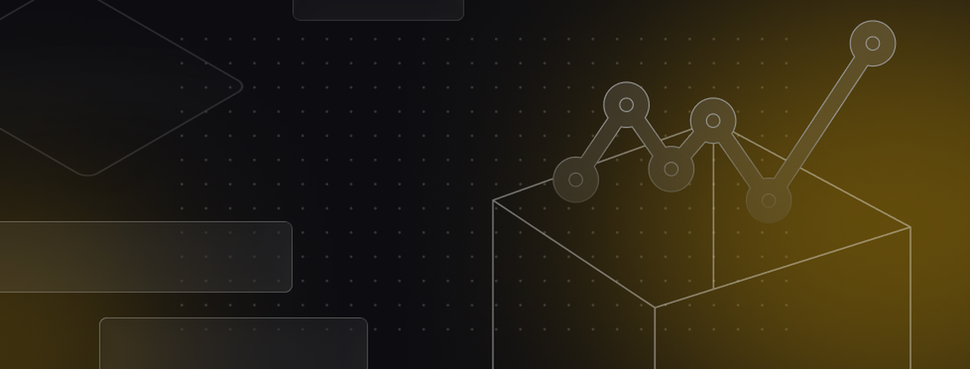 Abstract image with geometric shapes, including a graph-like structure emerging from a box, set against a dark gradient background.