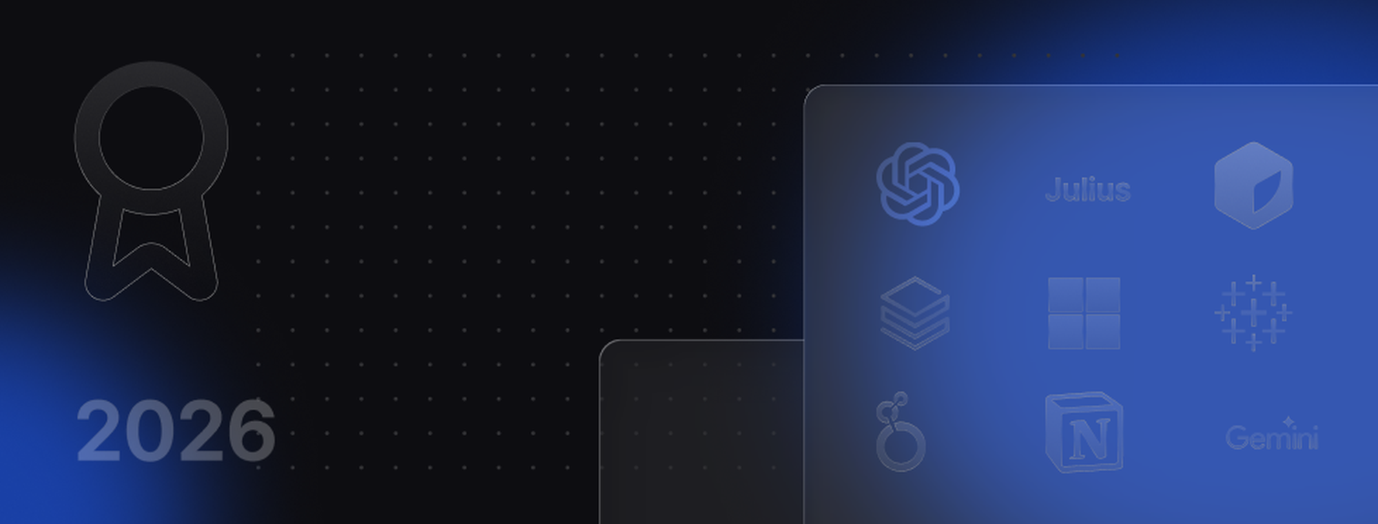 Abstract image with futuristic tech icons, a medal symbol, and the year "2026" on a dark background with blue highlights.