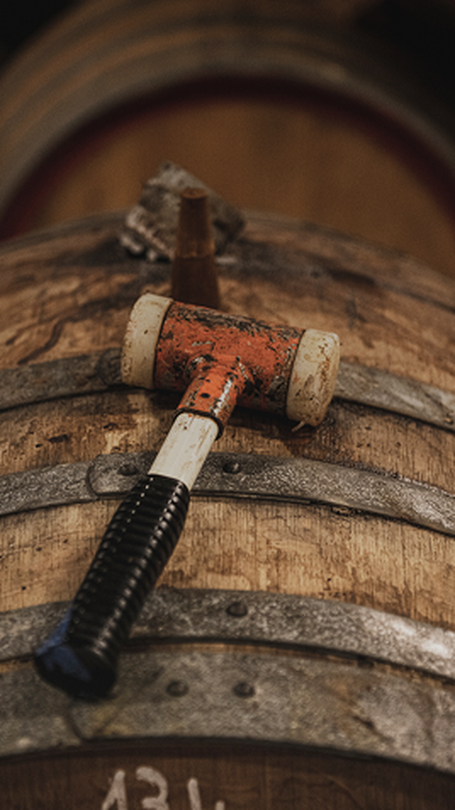 A worn, orange and white mallet with a black handle rests on a wooden barrel with metal bands in a rustic setting.