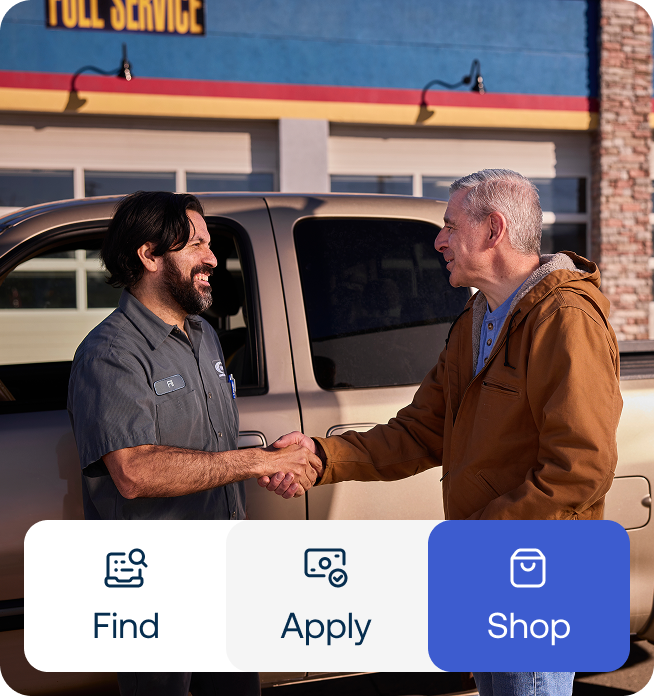 Two men speaking in front of a truck. Overlaid are three cards noting steps to take. 1. Find 2. Apply 3. Shop