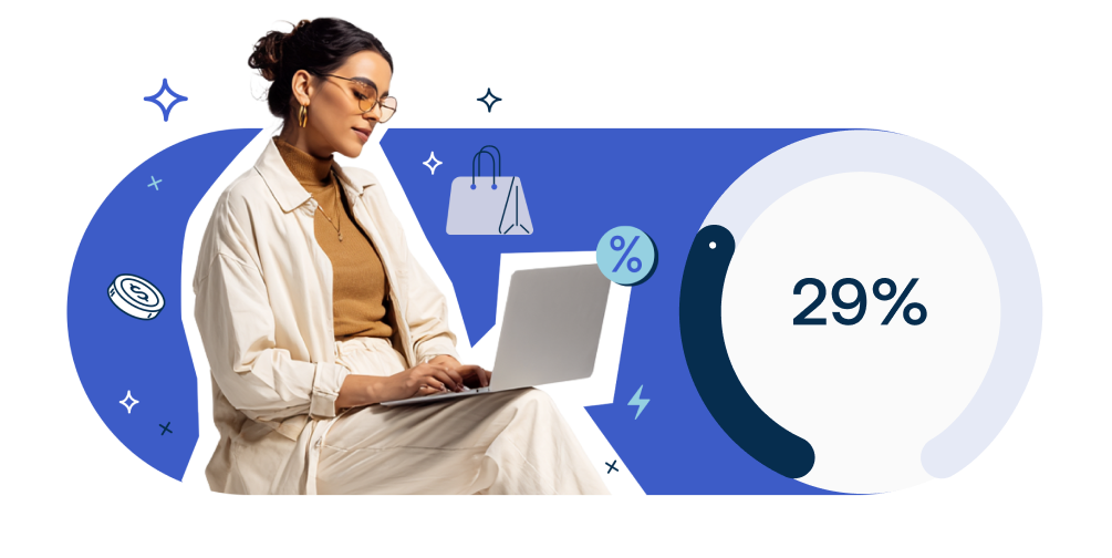 Woman using a laptop, surrounded by shopping icons and a 29% graphic on a blue background.