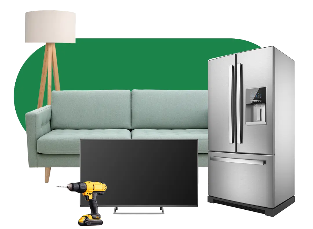 A green sofa, a modern stainless steel refrigerator, a flat-screen TV, a yellow power drill, and a floor lamp against a white background.