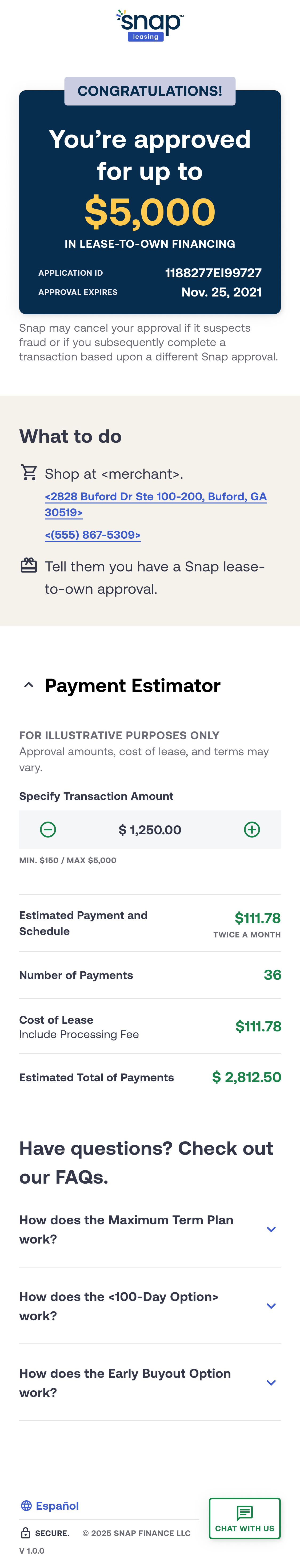 An approval confirmation screen stating the user is approved for up to $5,000 in lease-to-own financing, with a payment estimator showing $111.78 twice a month for 36 payments.