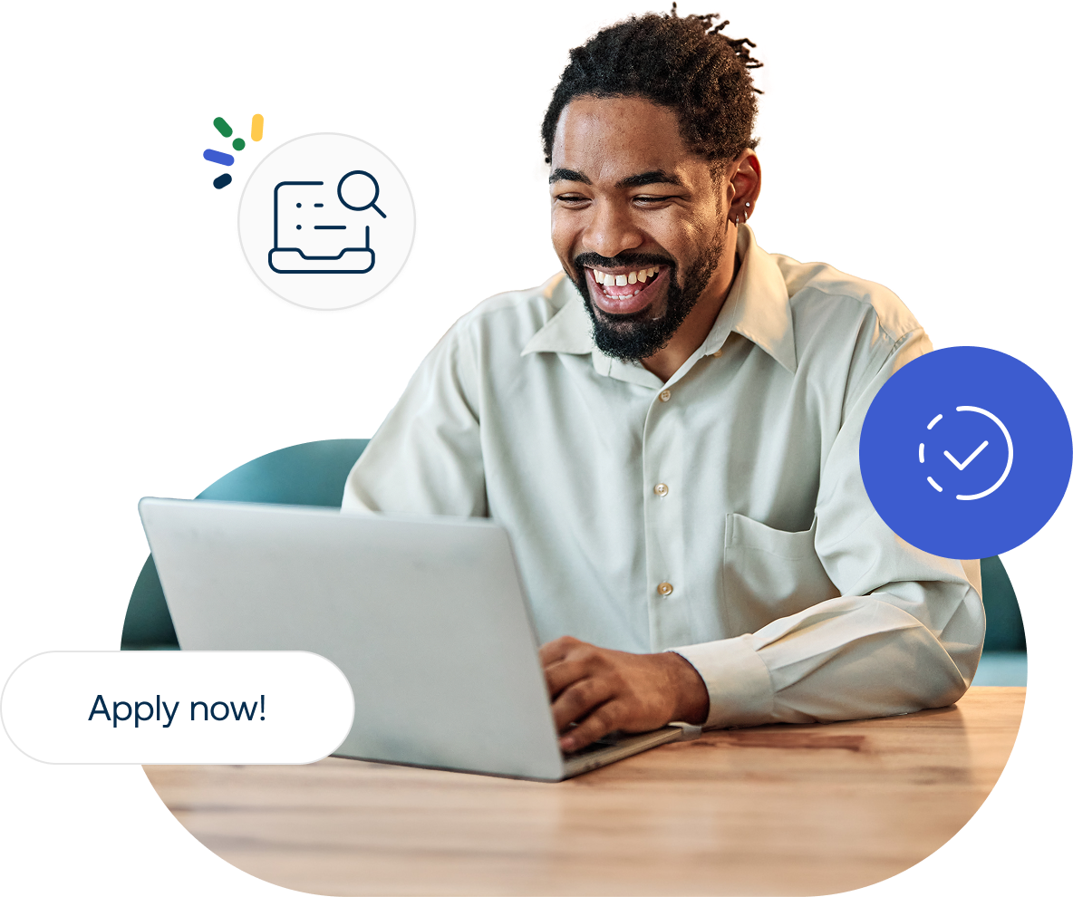Man smiling while using a laptop, surrounded by icons indicating job search and application with the text "Apply now!"