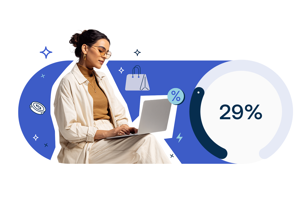 A woman using a laptop, surrounded by shopping and percentage icons, with a 29% display.