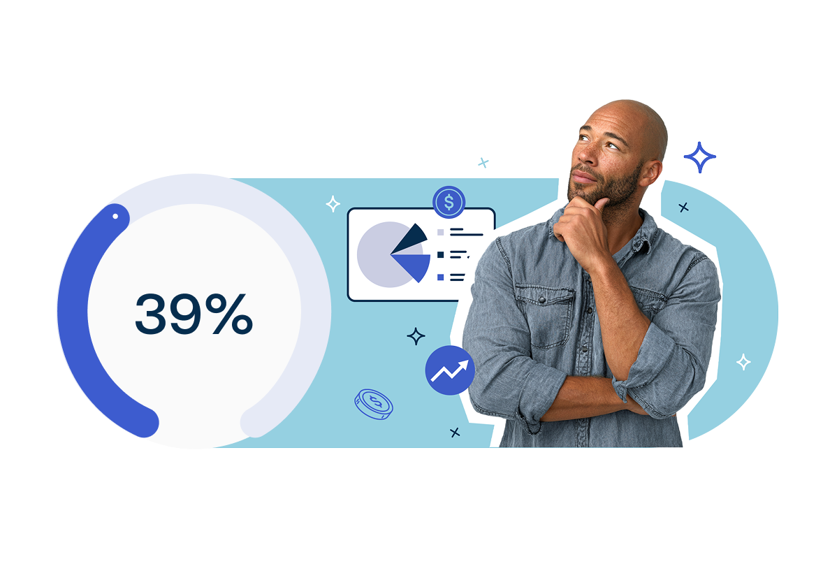 Man thinking with hand on chin, surrounded by financial icons. A chart shows 39% with graphs and currency symbols on a blue background.