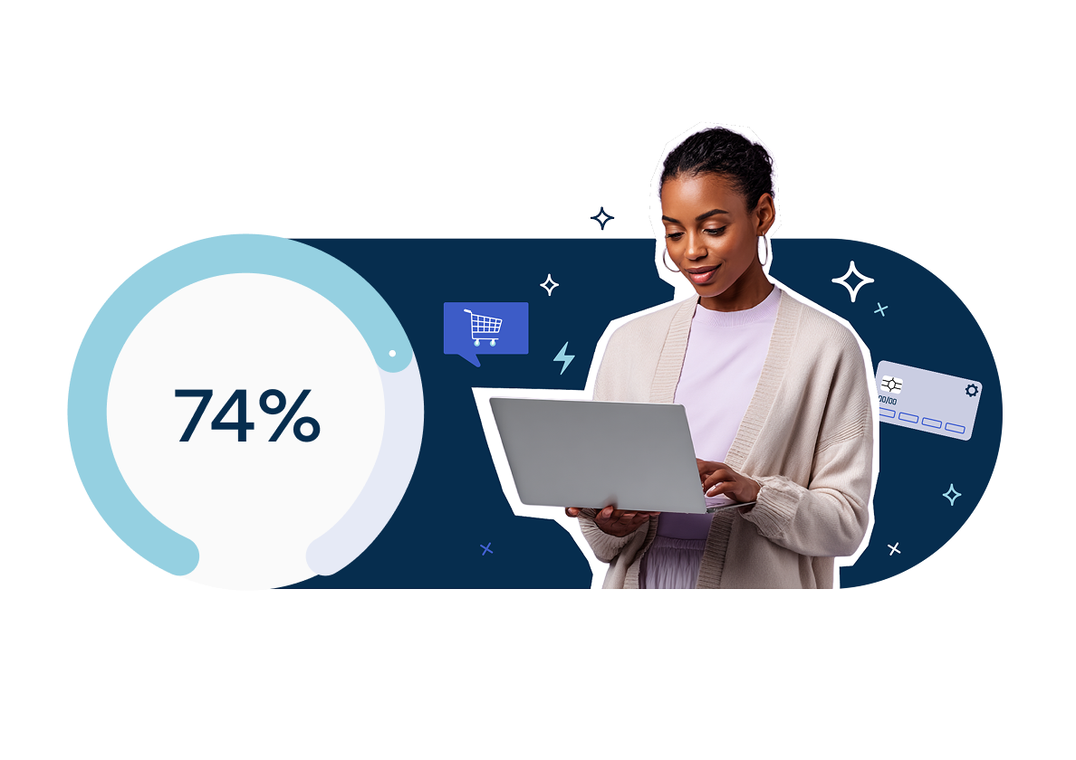 Woman using a laptop next to a large 74% graphic, with shopping and payment icons on a dark blue background.
