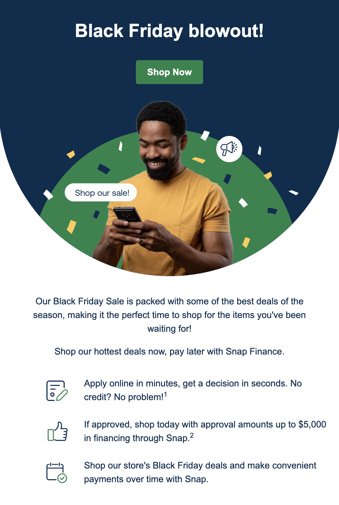 Man using smartphone for Black Friday deals. Text promotes Snap Finance options for shopping online, featuring quick decisions and up to $5,000 financing.
